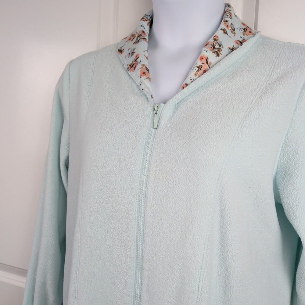 Cuddledown Robe Womens M Blue Fleece Floral Trim Full Zip Long Pockets Housecoat